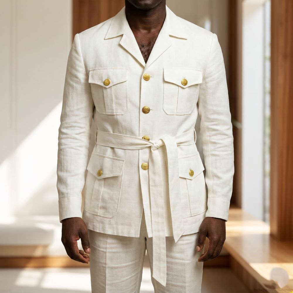 Summer Clothing Men Linen - Ternos Safari Masculinos Off-White de Linho