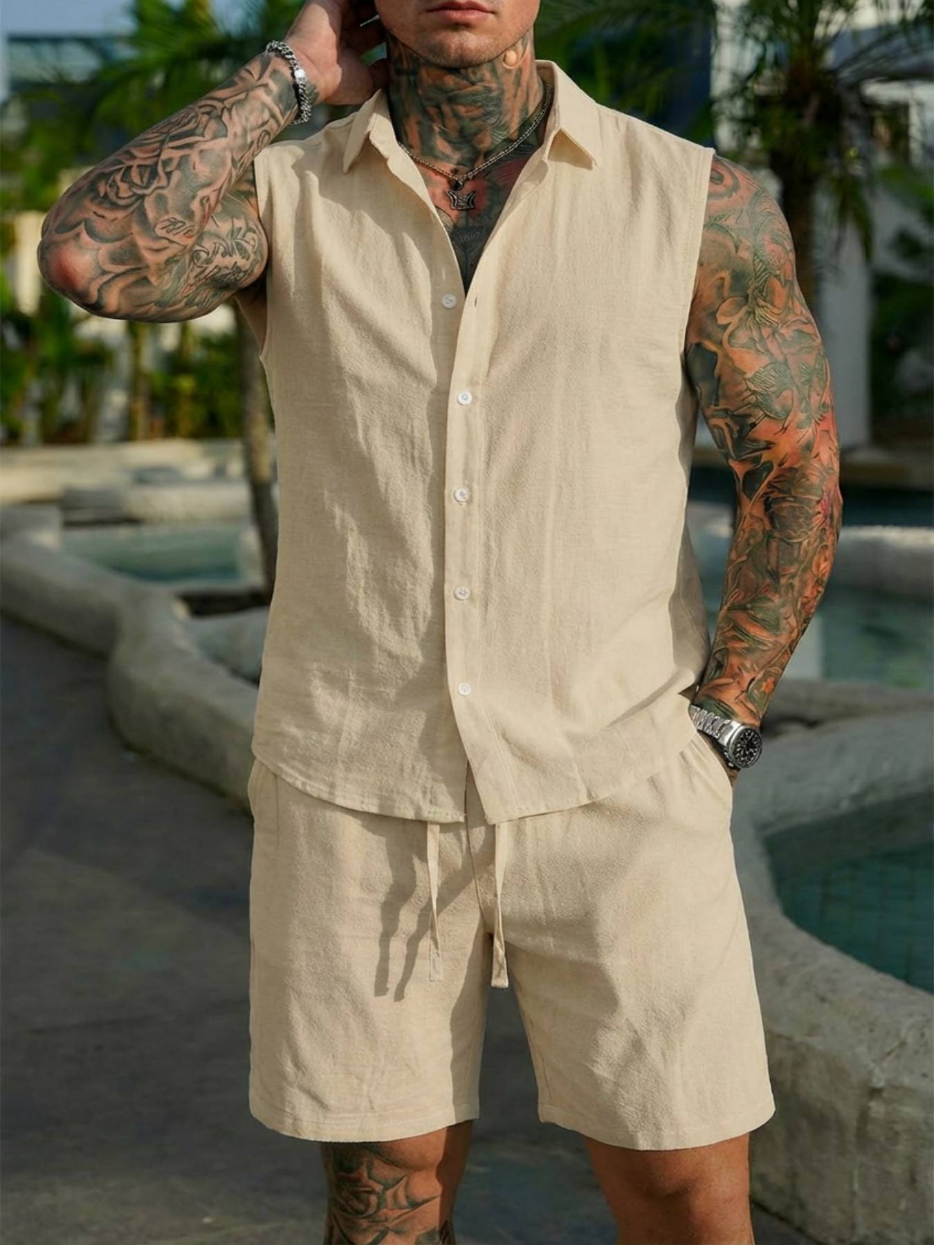 Conjunto de Camisa de Linho de - Summer Clothing Men Linen avaliação e preço
