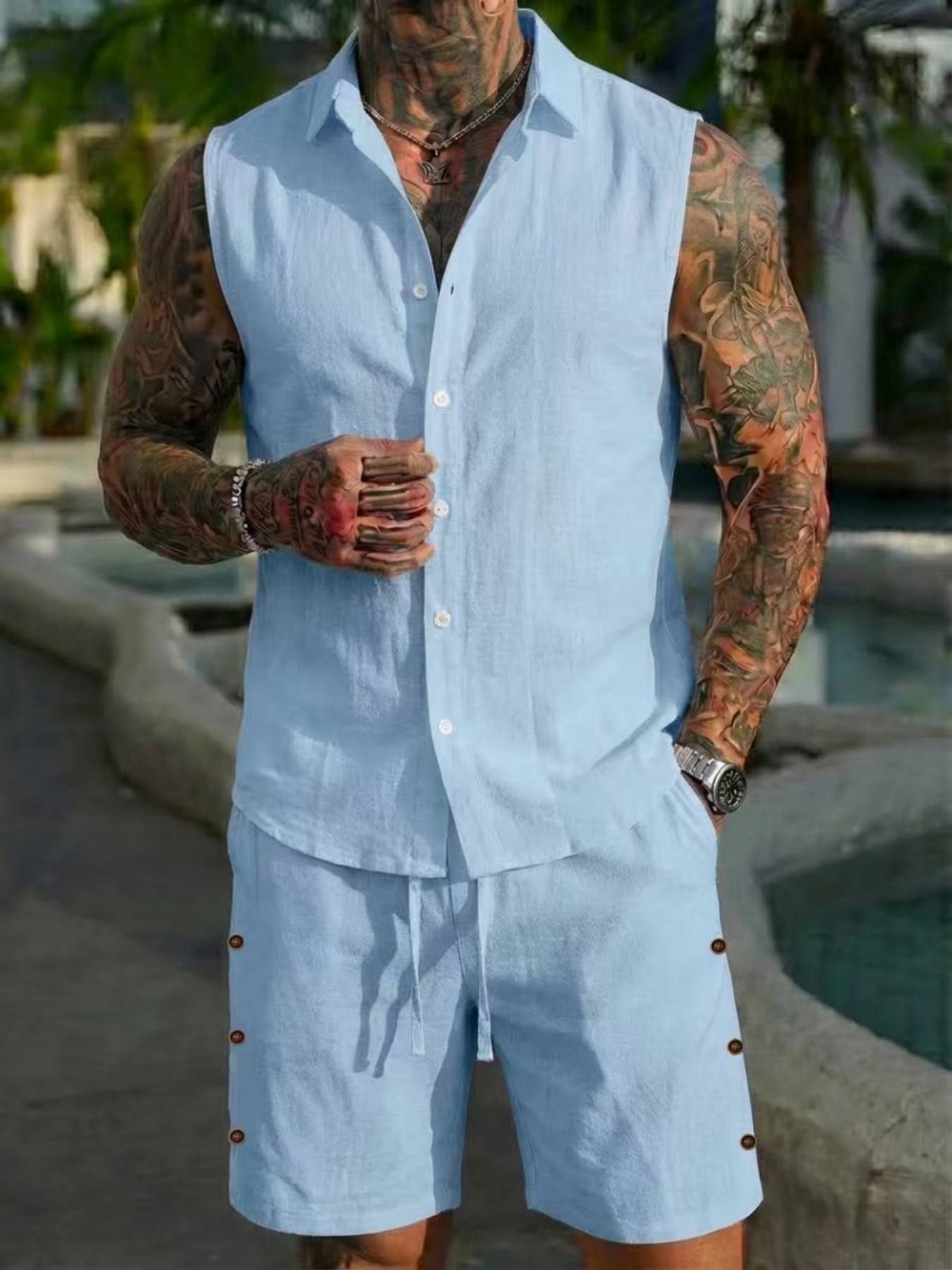 Conjunto de Camisa de Linho de - Summer Clothing Men Linen avaliação e preço